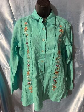 Edward Irish Linen Womens Teal Embroidered Shirt S Long Sleeve Buttons Tunic